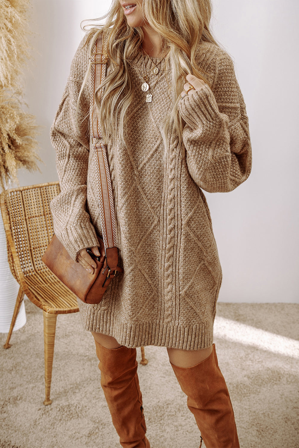 Outform Black Twist Cable Knit Drop Shoulder Loose Fit Sweater Dress