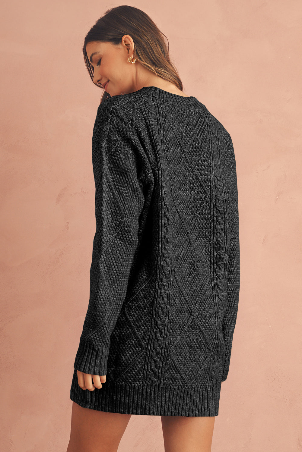 Outform Black Twist Cable Knit Drop Shoulder Loose Fit Sweater Dress